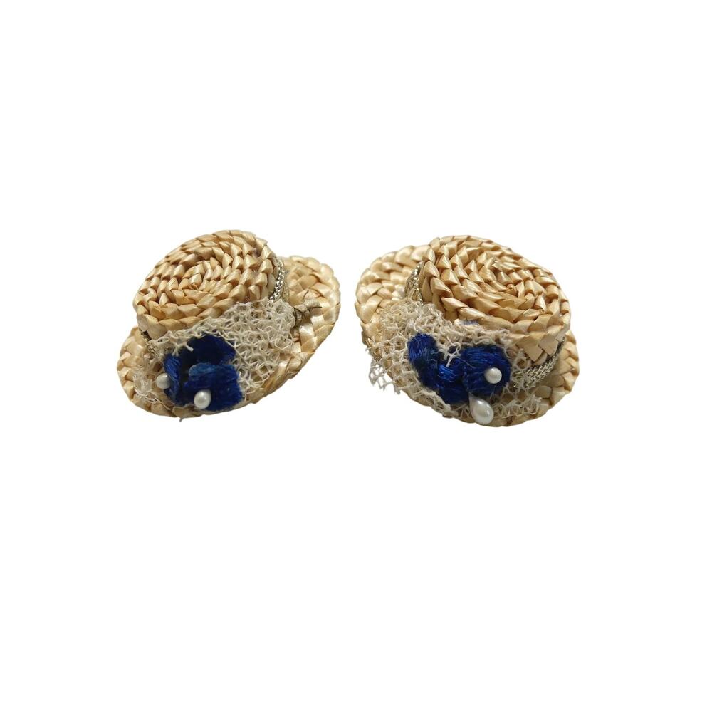 Vintage Miniature Boater Hat Earring Set with Brooch Wicker Straw Hat